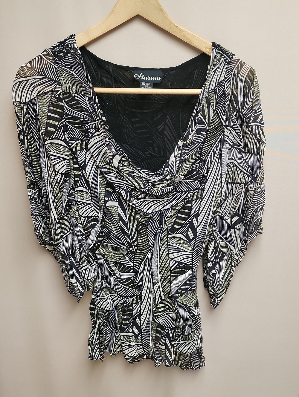 Black & White with green leaf print draped neck Women's Top